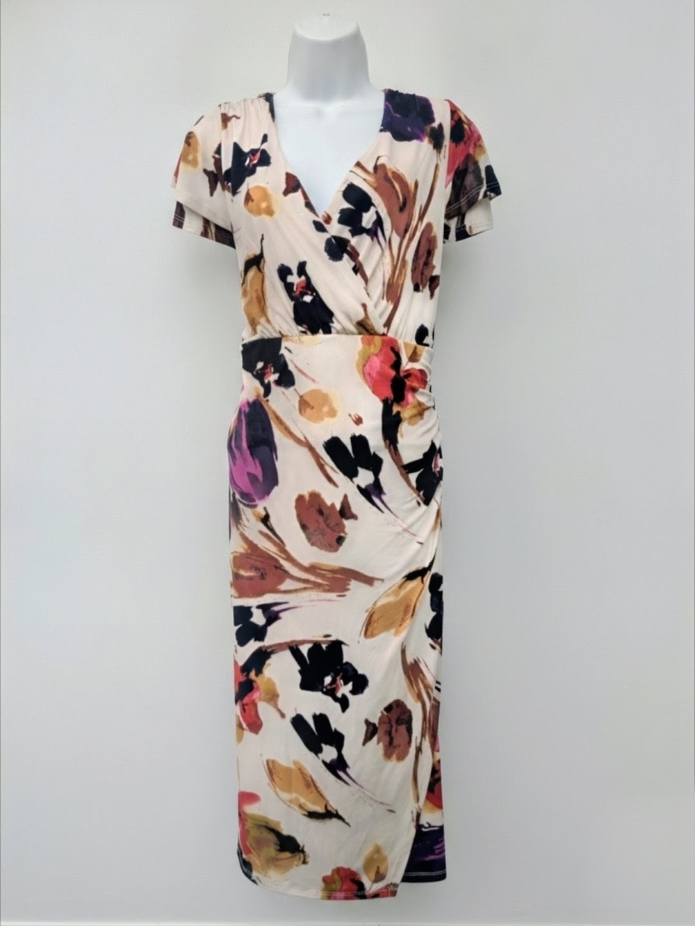 Floral Wrap Midi Dress in Cream and Multicolor
